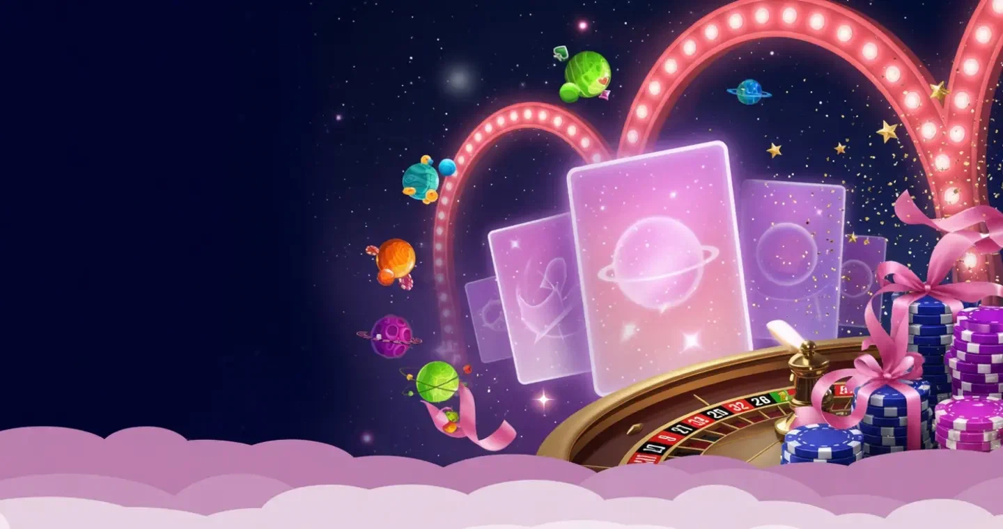 Illustrated casino lobby with game tiles and a dark galaxy backdrop