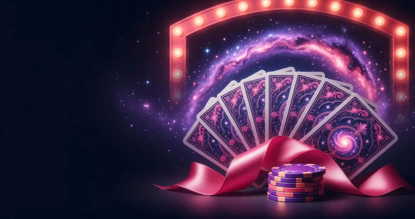 Abstract five-card poker hand in a luminous galaxy frame