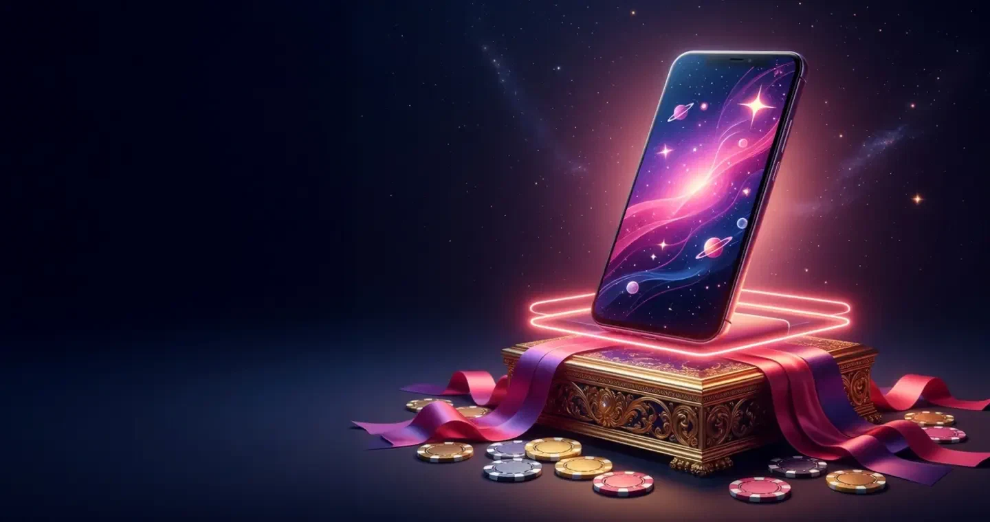 Phone showing a generic casino interface against a galaxy background